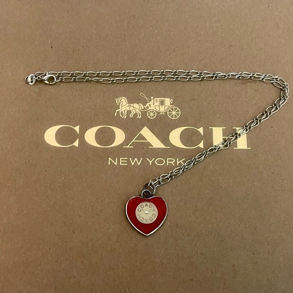 Coach Red & White Enamel Heart Clock Pendant .925 Sterling Silver Necklace - Picture 5 of 6